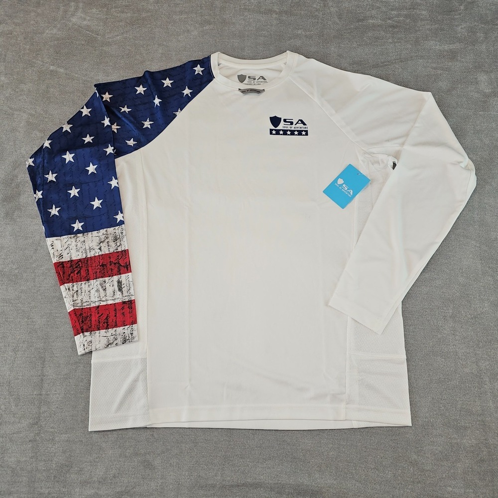 SA Company Shirt Mens Mesh White Long Sleeve  Fishing USA Flag Arm Small